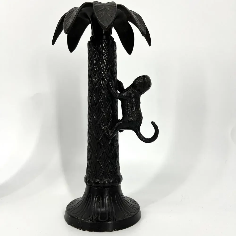 Vintage Bombay Metal Monkey Climbing Palm Tree Candlestick Holders Pair of Two